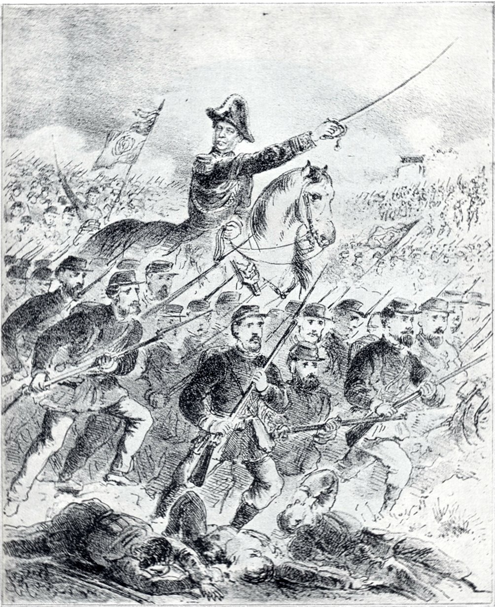 Ilustração em preto e branco de Caxias a cavalo à frente de tropas